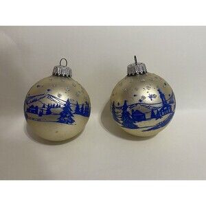VTG West Germany Glass Ornament 2.5" Blue Stenciled Christmas Scene Trees Houses